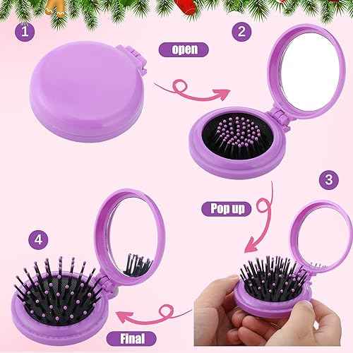 Barydat 50 Pcs Travel Folding Hair Brush with Mirror Bulk Portable Small Hair Brush Mini Compact Colorful Pocket Hair Combs for Friends and Family Mother's Day Gift