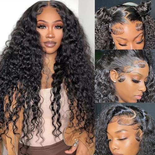Deep Wave Lace Front Wigs Human Hair 13x6 HD Lace Front Wigs Pre Plucked With Baby Hair 180% Density Curly Wigs for Black Women Natural Color 24 Inch