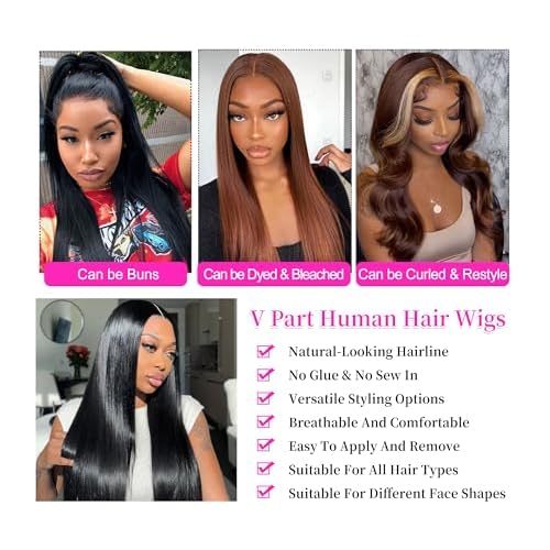 V Part Wigs Human Hair Straight Minimal/No Leave Out Upgrade U Part Wig for Black Women 200% Density Clip in Half Wig No Lace No Glue No Sew Natural Black 22 Inch