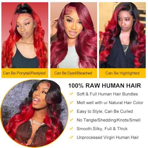 QTHAIR 1B/99J/Red Ombre Body Wave Human Hair Bundles 16A Grade 3 Tone Black Red Human Hair Body Wave Bundles 14 16 18Inch Unprocessed Virgin Hair Bundles Body Wavy Bundles