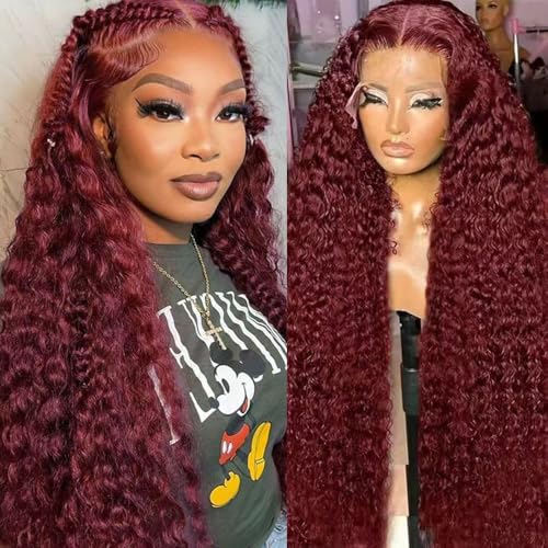 Burgundy Wig Human Hair 13x6 Deep Wave Lace Front Wigs Human Hair 200 Density 99j Burgundy HD Lace Front Wigs Pre Plucked Red Colored Glueless Wig for Women 18 Inch