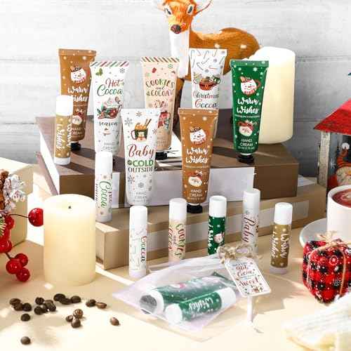 Demissle 48 Pcs Christmas Hot Cocoa Supplies Xmas Party Stuffers Christmas Stocking Favors Xmas Red Green Hand Cream and Lip Balm Gifts Set for Baby Shower Guests
