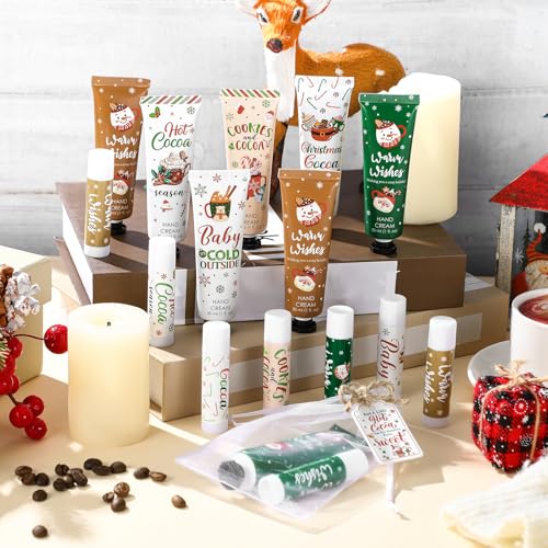 Demissle 72 Pcs Christmas Hot Cocoa Party Favors Hand Cream and Lip Balm Gifts Bulk Xmas Party Stuffers Christmas Stocking Favors Xmas Red Green Hot Cocoa Gifts Set for Baby Shower Guests
