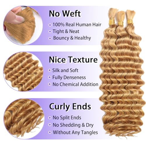 Human Braiding Hair for Boho Braids Human Hair 110g 24 Inch Curly Boho Hair for Braiding Knotless 12A Deep Wave Bohemian 3 Bundles/Pack Caramel Honey Blonde