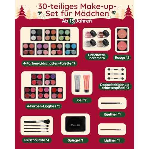 Christmas Makeup Advent Calendar 2025 for Teens Girls, 30pcs Advent Beauty Calendar, 24 Days Christmas Countdown Calendar Makeup Gift Set, Xmas Gift Box for Teens Girls Full Kit