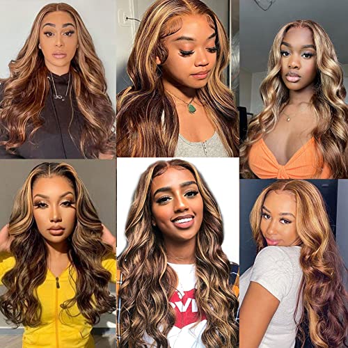 Highlight Ombre 13x4 Body Wave HD Lace Front Wig Human Hair Pre Plucked Transparent 4/27 Honey Blonde lace frontal Wigs with Baby Hair 150% Density Colored 22 Inch