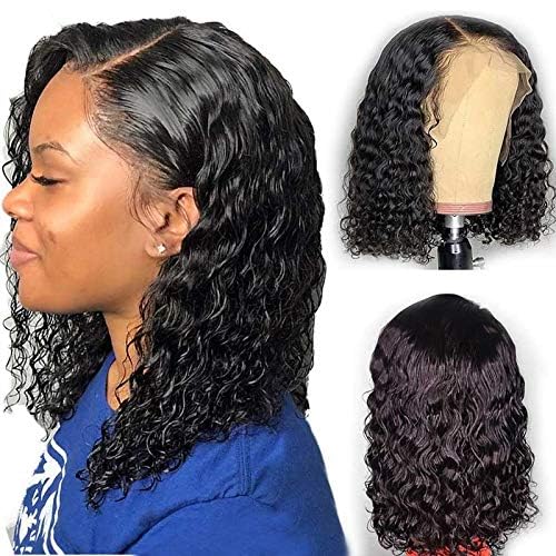 150% Density Water Wave Pre Plucked Front Lace Wigs Human Hair 14 Inch Natural Black Brazilian Virgin Real Hair Glueless Bob Lace Wig Natural Hairline