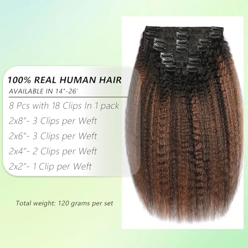 Yaki Straight Clip in Hair Extensions 24 Inch Real Remy Human Hair Rooted Black Fading to Natural Black #1B Mixed With Light Auburn #30 Yaki Clip ins Yaki Straight Hair for Black Women 8Pcs 120G