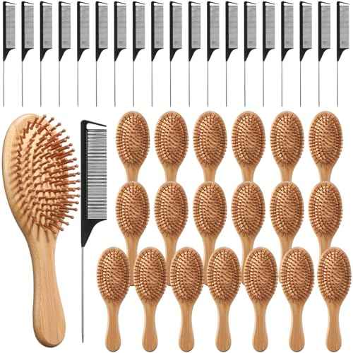 Meanplan 40 Pack Bamboo Hair Brush Bulk Mini Wood Hairbrushes for Women Hair Growth Detangle Tail Comb Paddle Hairbrush for Massaging Scalp Women Men Wedding(Round Head)