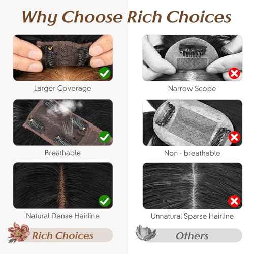 Rich Choices Hair Toppers for Women Real Human Hair 100% Human Hair Toppers for Women Clip in Silk Base Remy Hair Topper 7 Inch Pitch Black
