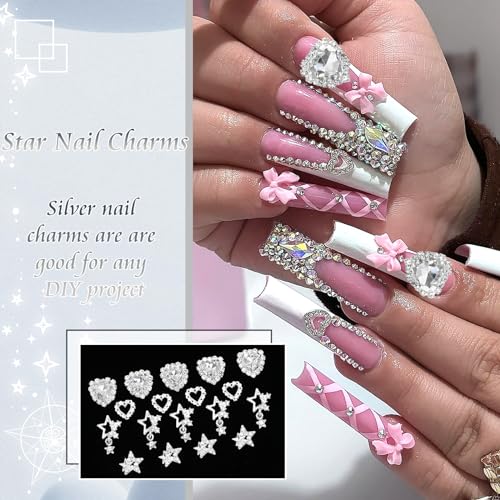 30PCS Star Nail Charms 3D Crystal Heart Nail Charms Alloy Silver Nail Charms Shiny Starlight Nail Gems and Charms Jewelry Rhinestones for Women Nail Art and DIY Crafts Decoration