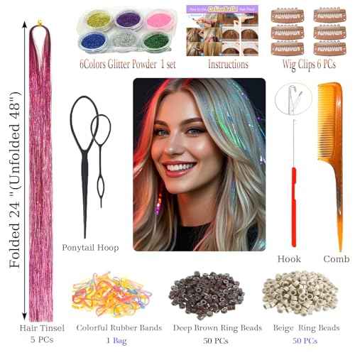 Pink Hair Tinsel with Tools,Fairy Strands Glitter Sparkling Shiny Tensile Hair Accessories for Christmas New Year(48 Inch Pack of 5Pcs, Rouge Pink)