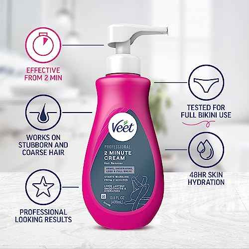 Veet Professional 2 Minute Cream for All Skin Types with Shea Butter, Full Bikini & Pubic Hair Removal, Dermatologically Tested, 13.5 FL OZ Bottle w/Spatula
