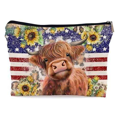 Ayxvt 4th of July Patriotic Highland Cow Makeup Bag - Independence Day Decor Zipper Bags, Summer Sunflower Floral Gifts