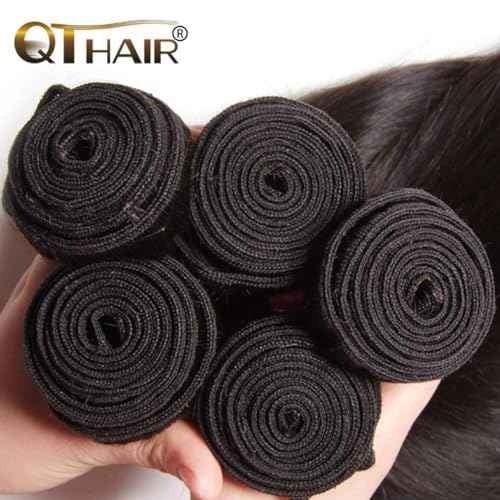 QTHAIR 16A Virgin Hair Brazilian Straight Hair Bundles with 4X4Lace Closure (12'' 14'' 16''+10'') 100% Unprocessed Straight Brazilian Virgin Hair Weave Natural Color