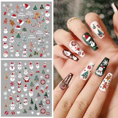 9 Sheets Christmas Nail Art Stickers, Embroidery Nail Sticker Decals for Girl Women, Xmas Tree Santa Claus Nail Stickers for Nail Art Kids Christmas Stocking Stuffers Gifts Decoration Self-Adhesive