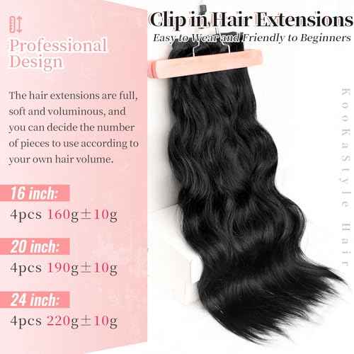 KooKaStyle Clip in Synthetic Hair Extensions Long Wavy 4PCS Thick Hairpieces Black Fiber Double Weft Natural Hair Extensions 24 Inch for Women