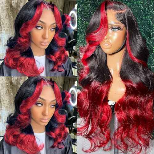 Goldfinch Highlight Red Lace Front Wig Human Hair Body Wave 13x4 HD Lace Ombre Hot Red Wigs Human Hair For Women Pre Plucked Red and Black Color Glueless Wig 150% Density 22 Inch