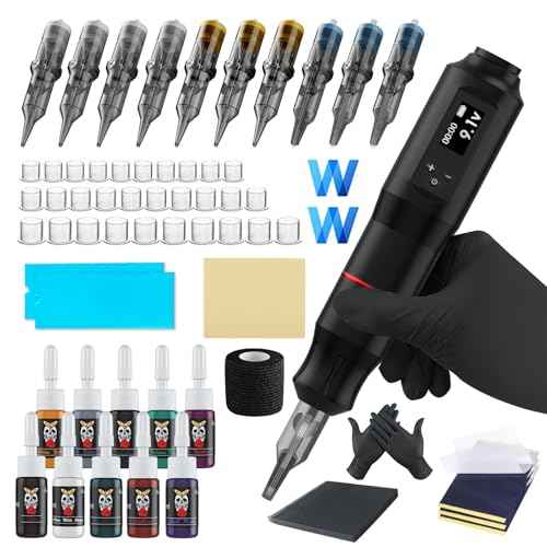 Cordless Tattoo Gun Kit - Professional Tattoo Machine Set with LED Display Rotary Tattoo Pen, Complete Tattoo Supplies Kits with 10Pcs Tattoo Cartridge Needles for Beginners (Black, 64 pcs)