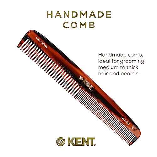 Kent 9T Tortoiseshell Fine Tooth and Wide Tooth Comb - Large Handmade and Saw-Cut Fine Hair Dressing Comb - Wet Hair Detangler Combs for Women and Durable Grooming Made in England