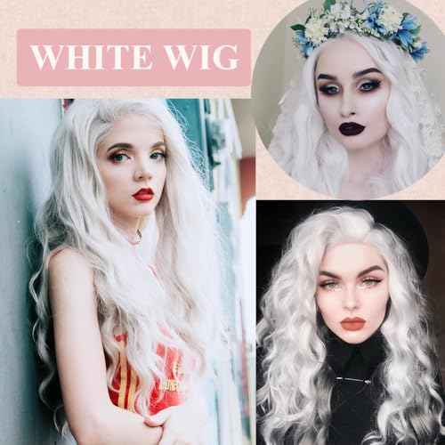 Colorful Queen White Wigs for Women 26 Inch White Long Wavy Wig Middle Part Glueless Lace Wig for Women Daily Party Use Halloween Cosplay