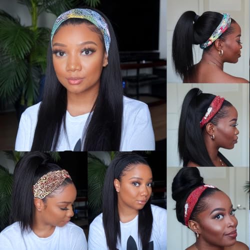 Straight Headband Wig Human Hair Brazilian Virgin Human Hair Wigs for Black Women Glueless Half Wig Machine Made No Lace Front Headband Wig Natural Black Color 22 Inch