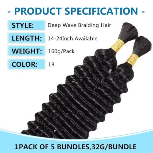 160g 5 Bundles 99j Red Burgundy Human Braiding Hair 16 Inch Deep Water Wave Bulk Human Hair for Braiding No Weft 12A Brazilian Virgin Curly Human Hair Extensions for Boho Braids