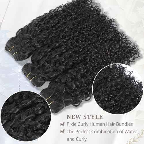 Pixie Curly Bundles Human Hair Water Wave Human Hair Bundles 16 18 20 Inch Kinkycurly Bundles 3c4a Quick Weave Water Wave with Spiral Curly End 100% Raw Virgin Hair Extensions 3pcs Wavy Natural Black