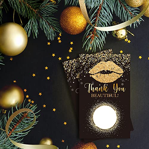 Haizct 50 Pack Thank You Blank Gifts Certificate Scratch Off Cards for Small Business, Spa Beauty Makeup Hair Salon, Bridal Shower, Baby Shower, Country Wedding (Golden Lip Gloss)-GK095