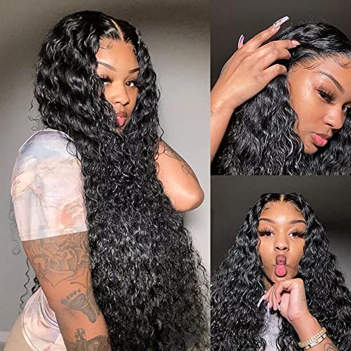 13x4 Deep Wave Human Hair Lace Front Wigs for Black Women Brazilian Virgin Human Hair Deep Curly Lace Front Wigs with Baby Hair Pre Plucked Bleached Knots Natural Color 180% Density 16 Inch