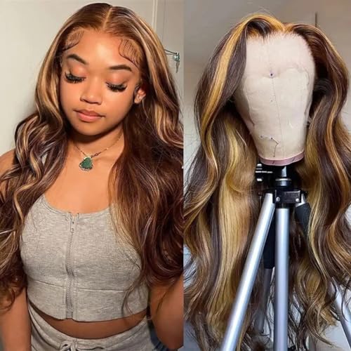 Honey Blonde Lace Front Wig Human Hair 13x4 HD Transparent 4/27 Highlight Ombre Body Wave Lace Front Wigs Human Hair Pre Plucked with Baby Hair 180% Human Hair Wigs 20 Inch