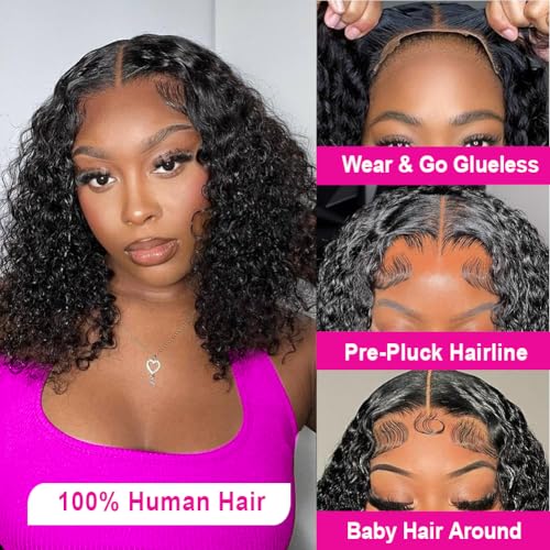 5x8 Bob Wig Human Hair Glueless Wigs Human Hair Pre Plucked Pre Cut Deep Wave HD Lace Closure Wigs Human Hair 210% Density Wear And Go Glueless Wig (14inch)