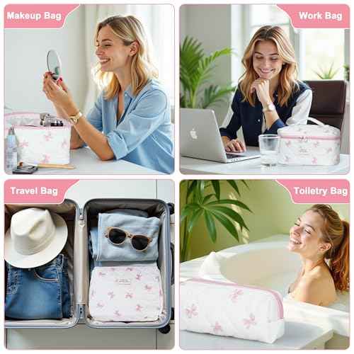 Quilted Makeup Bag Set - 3 PCS Cute Floral Cotton Makeup Bag, Large Coquette Aesthetic Make up Cosmetic Bag, Flower Travel Toiletry Organizer Bags for Women Girls