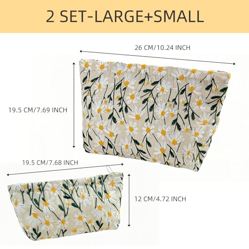 2 Pcs Makeup Bags, Large Cosmetic Bag Travel Toiletry Bag Organizer for Women, Embroidery Craft, Floral Makeup Bag Small Cosmetic Pouch Purse with Zipper Gifts for Girls Teen
