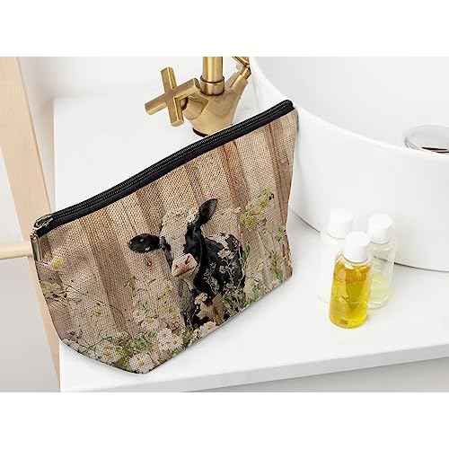 Ayxvt Rustic Watercolor Baby Dairy Cow Daisy Flower Farmhouse Cosmetic Bag Decorative Women's Makeup Bag Zipper Pouch Travel Toiletry,Cow Lover Gifts