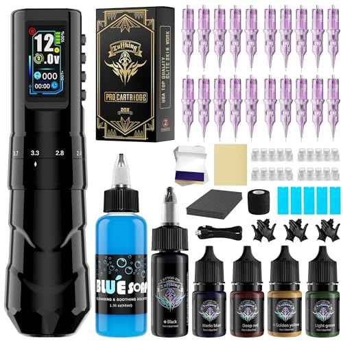Tuffking Tattoo Kit - Wireless Tattoo Gun Kit, Professional Rotary Tatoo Pen Machine with 6 Strokes Length,1600mAh Battery, 20pcs Cartridge Needles for Artist and Beginners Tattoo Supplies(Black)