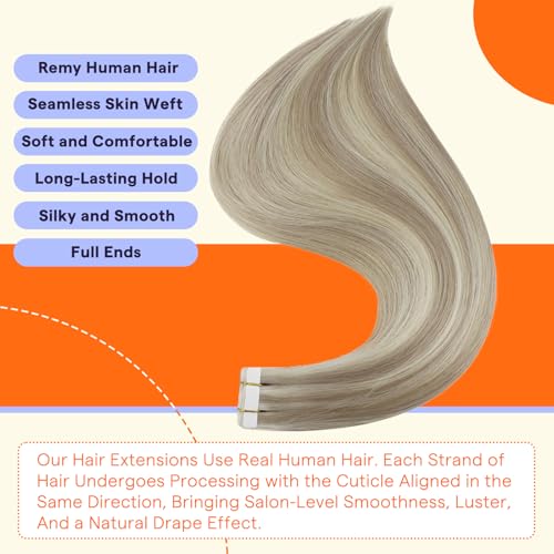 Full Shine Human Hair Tape in Extensions 22Inch Double Sided Tape in Extensions Human Hair Color 18 Ash Blonde Highlight 613 Light Blonde 50G Hair Extensions Tape Ins Real Hair Extensions 20Pcs