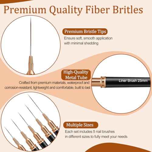 7PCS Metallic Nail Art Brushes Set, 7/9/11/15/25mm Liner Brush For Nails Gel, Super Fine Painting Art Design Pen for Long-Line Patterns, Detailed Outlines, Geometric Shapes (Black)