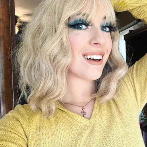 VCKOVCKO Natural Blonde Wigs With Air Bangs for Women Women's Shoulder Length Curly Wavy Synthetic blonde wig with bang Wigs Blonde Wig for White Women Girls (12", Mix Blonde)