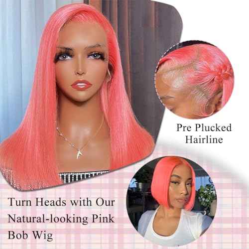 Pink Bob Wig Human Hair 10 Inch 13x4 Cotton Candy Pink Straight HD Lace Frontal Wig Human Hair Pre Plucked with Baby Hair Bubblegum Lace Closure Human Hair Wig 150 Density for Women