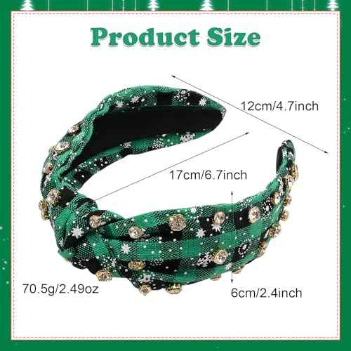 Christmas Headband Rhinestones Hair Band for Women Girls, Xmas Striped Grid Hair Accessories Green Knotted Wide Headbands Christmas Party Supplies Winter Holiday Costume Gift