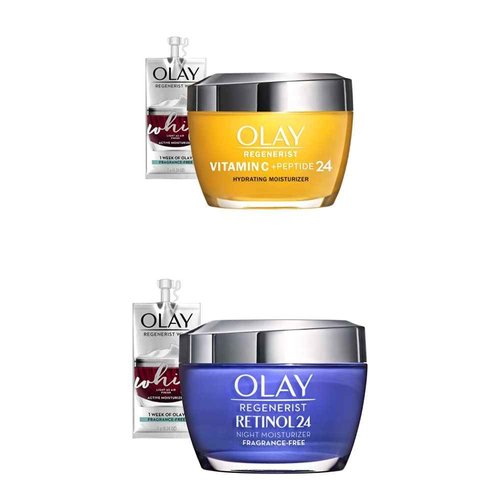 Olay Regenerist Vitamin C + Peptide 24 Brightening Face Moisturizer (1.7 Oz) and Retinol 24 Night Face Moisturizer (1.7 Oz) + 2 Travel Size Whip Face Moisturizers