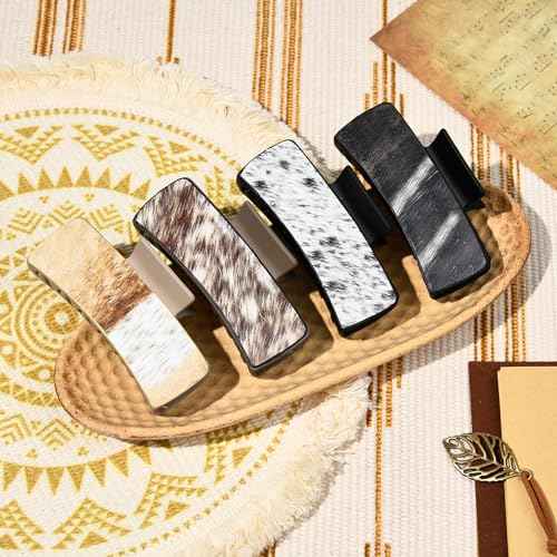 DEEKA 4 Pack Large Western Hair Clips Artificial Leather Cowhide Pattern Hair Claw Clips 4" Cowgirl Black Brown Hair Clips Set for Thick Hair Western Accessories Gifts for Women and Girls