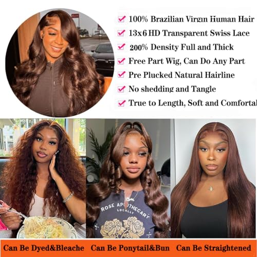 Chocolate Brown Lace Front Wig 13x6 Chocolate Brown Wig Body Wave Lace Front Wigs Human Hair Glueless Wigs 200% Density HD Transparent Body Wave Lace Frontal Wig Human Hair 20 Inch