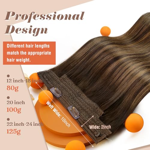 Sunny Hair Wire Hair Extensions Real Human Hair Fish Line Human Hair Extensions Invisible Wire Extensions Dark Brown to Caramel Blonde with Dark Brown Highlights #4/27/4 18 Inch