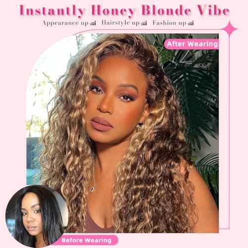16Inch Highlighted Deep wave Lace Front Wig Human Hair Honey Blonde Highlight Deep Wave Wigs Human Hair 4/27 Curly Highlighted Wig for Black Women Pre-Plucked 180% Ombre Curly Wigs Glueless