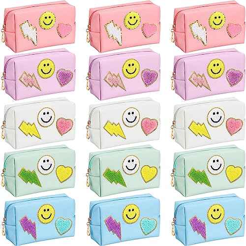 Silkfly 15 Pcs Preppy Patch Makeup Bag Bulk End of the Year Teacher Gifts Bulk Cosmetic Toiletry Bag Smile Lightning Heart PU Leather Portable Waterproof Makeup Cosmetic Purse for Women(Colorful)