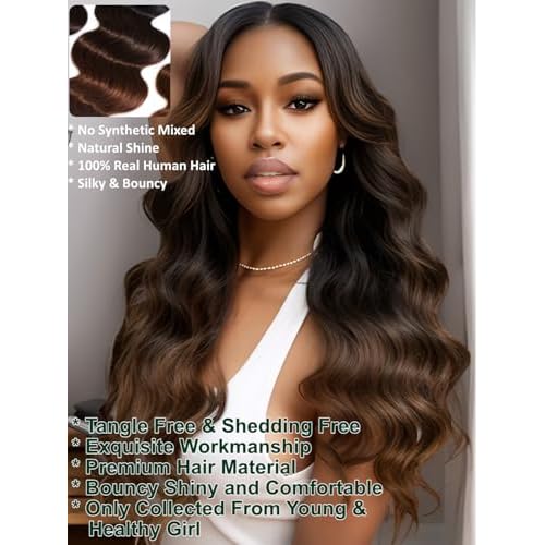 KLAIYI Ombre Brown Body Wave Bundles Human Hair Extensions with Dark Roots 100% Unprocessed Brazilian Real Virgin Hair Weaves Chestnut Brown Double Wefts 12A Wavy One Bundle 20Inch Sew in Piano Color