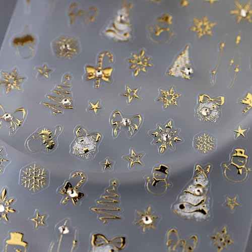 Christmas Nail Art Stickers - 5D Gold Decals with Snowflakes, Candy Canes, Xmas Trees, Bows & Snowmen for Women's Manicure Decoration