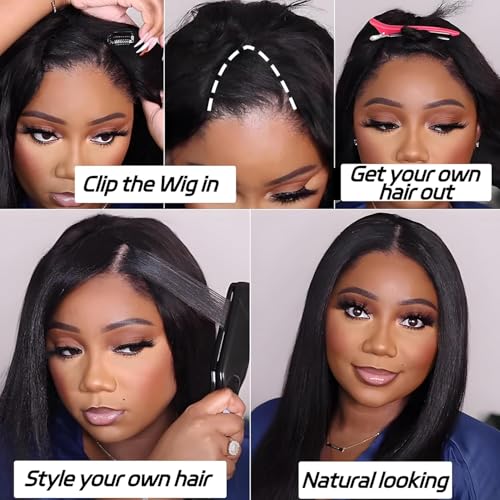 V Part Wig Human Hair Kinky Straight 18 Inch V Part Wig Yaki Straight Clip in Half Wigs for Black Women Human Hair Glueless No Leave Out 180% Density Natural Color